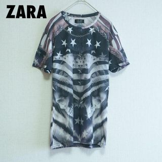 ザラ(ZARA)のcu42/ZARA/ザラ/半袖プリントTシャツ/スカル/星条旗/S(USA規格)(Tシャツ(半袖/袖なし))