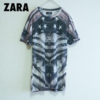 ザラ(ZARA)のcu42/ZARA/ザラ/半袖プリントTシャツ/スカル/星条旗/S(USA規格)(Tシャツ(半袖/袖なし))