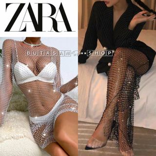 ザラ(ZARA)のZARA ザラ キラキラ ビジュー オーロラ ラインストーン メッシュ ドレス(ロングワンピース/マキシワンピース)