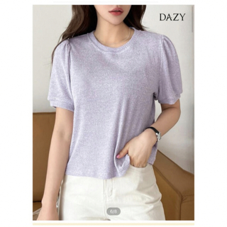 DAZY リブニットTシャツ　パープル/紫　レディースXLサイズ(Tシャツ(半袖/袖なし))