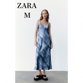 ザラ(ZARA)のZARA プリントサテンスリップワンピース　新品　未使用(ロングワンピース/マキシワンピース)