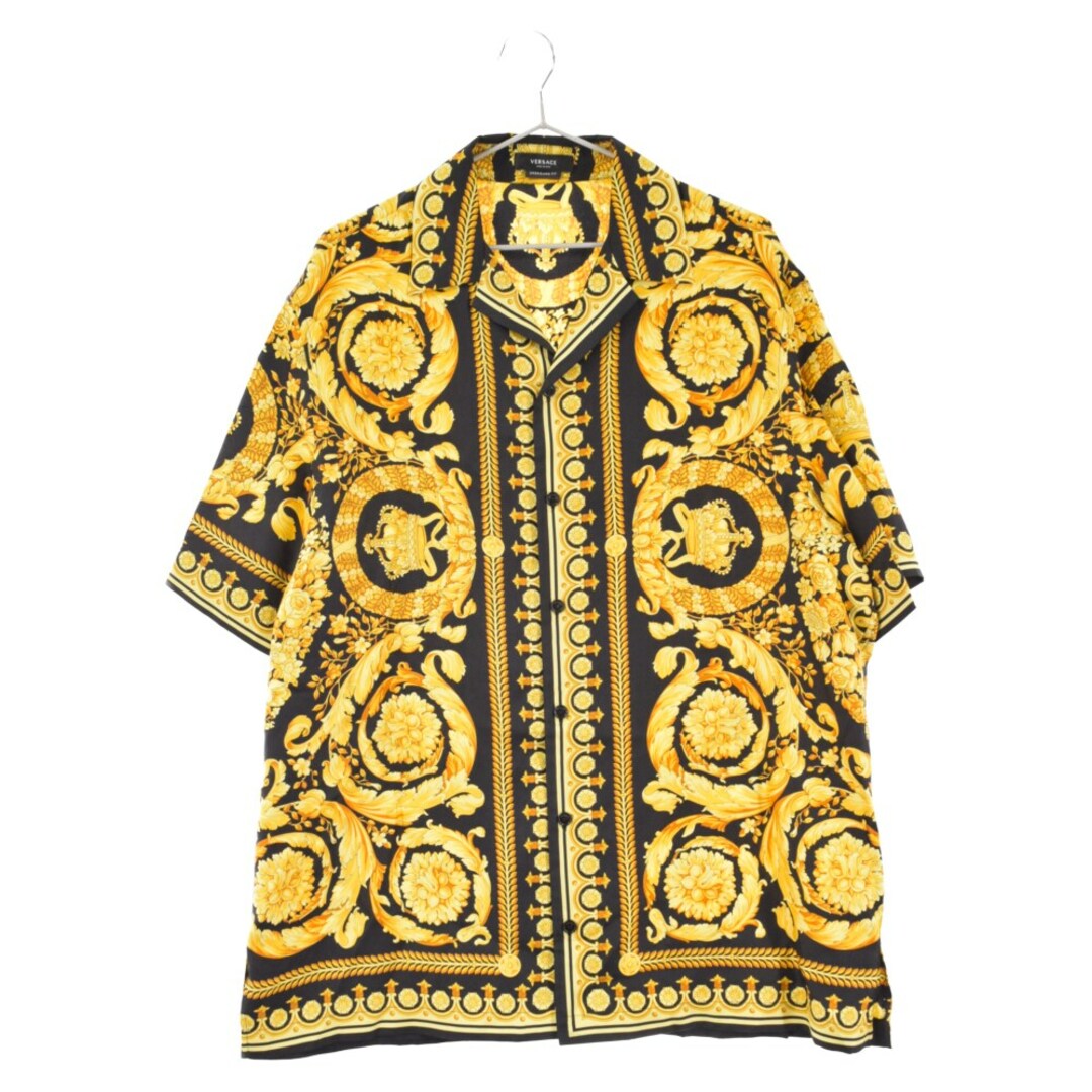 VERSACE ヴェルサーチ バロッコ シルク 半袖シャツ 総柄シャツカラー イエロー/ブラック 1003926 1A03044750センチ身幅