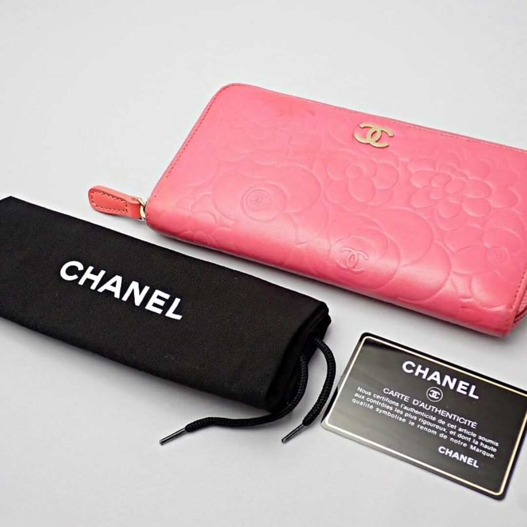 CHANEL シャネル ラウンドファスナー財布 A50085 エンボス カメリア ピンク B+ 【送料無料】 A-8261