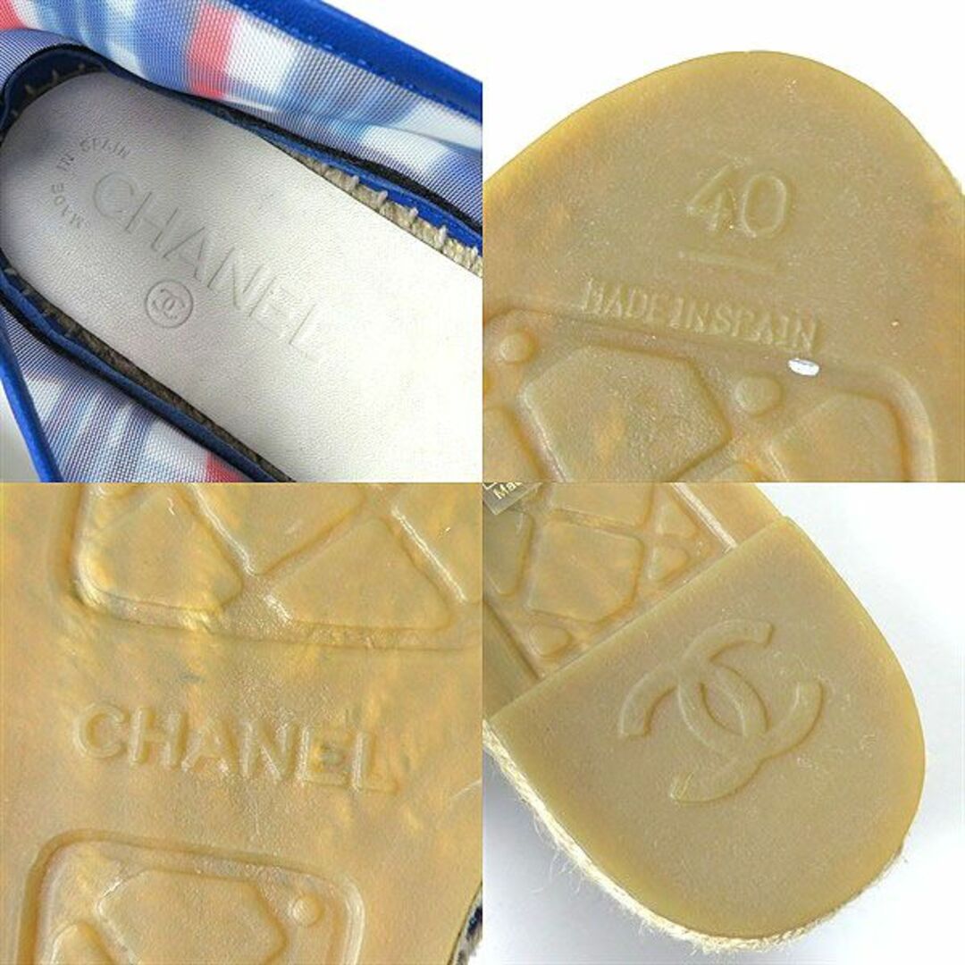 未使用品△スペイン製 CHANEL シャネル レディース ココマーク×チェック柄風 エスパドリーユ フラットシューズ 青×赤×白 40 デザイン◎