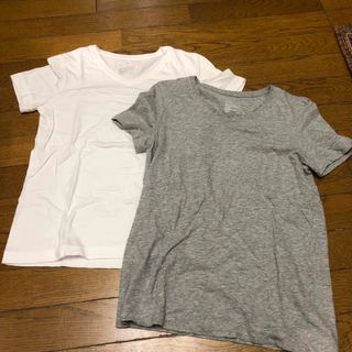 ムジルシリョウヒン(MUJI (無印良品))のMUJI VネックTシャツ 半袖 S ホワイト グレー(Tシャツ/カットソー(半袖/袖なし))