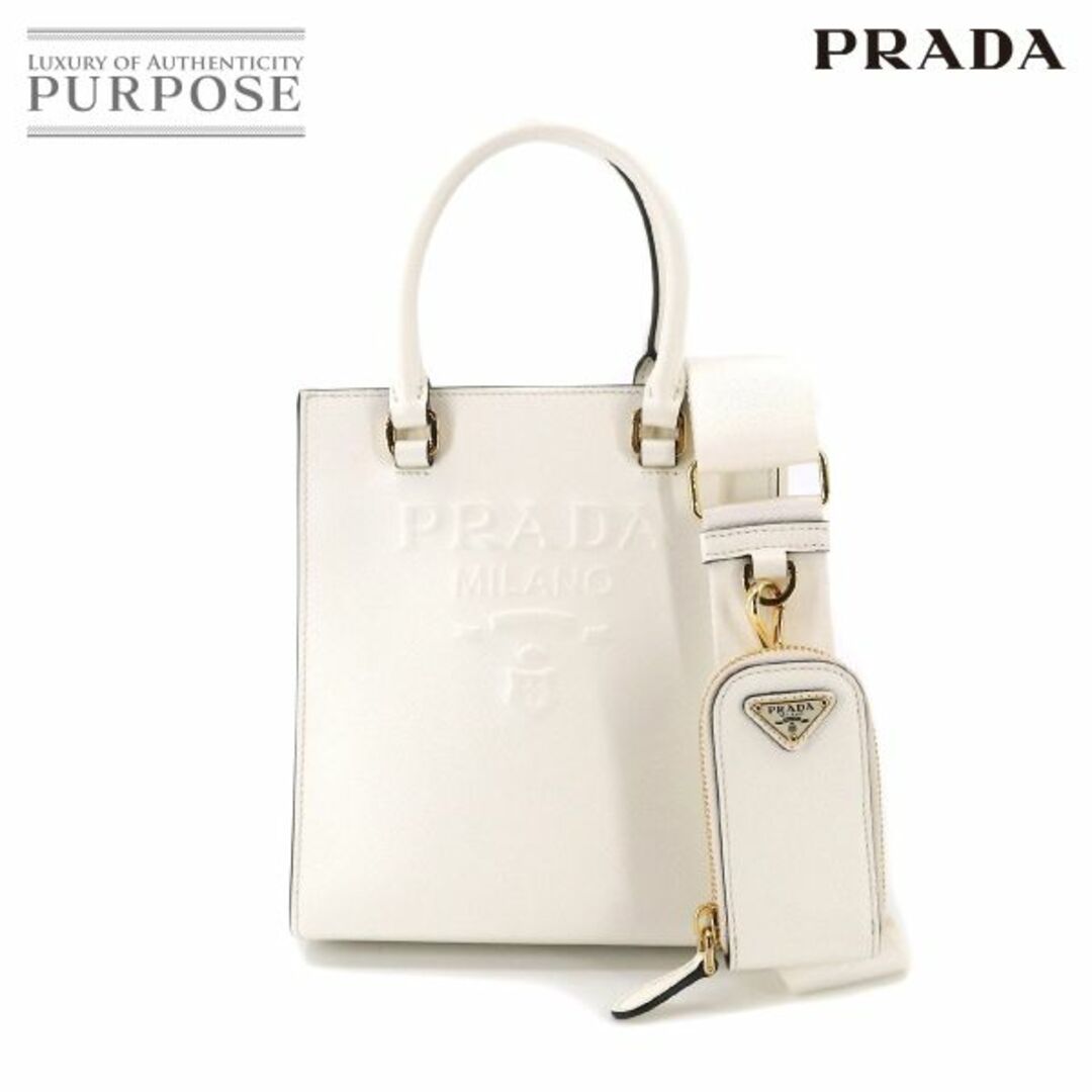 ホワイト金具未使用 展示品 プラダ PRADA サフィアーノ 2way ハンド ショルダー バッグ レザー ホワイト 1BA333 ゴールド 金具 ポーチ付き VLP 90211652