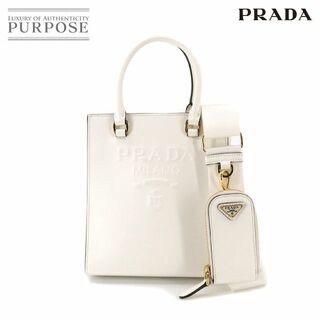 【美品】PRADA プラダ オールレザー ハンドバッグ ロゴ型押し ホワイト系