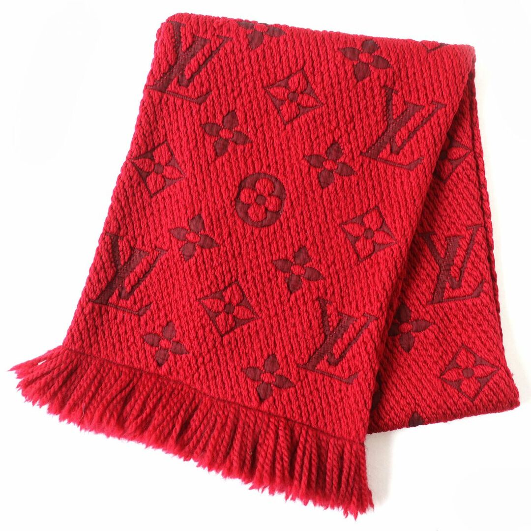 良品△正規品 LOUIS VUITTON ルイヴィトン 4123287 エシャルプ ロゴマニア モノグラム柄 シルク混 ニットマフラー 襟巻 ルビー レッド 伊製　e08-st30307-242