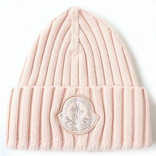 モンクレール(MONCLER)の未使用品△正規品 2022年 モンクレール BERRETTO TRICOT ロゴビジューワッペン付 ウール100% ニットキャップ/ニット帽 ピンク ブルガリア製　e08-st30327-121(ニット帽/ビーニー)