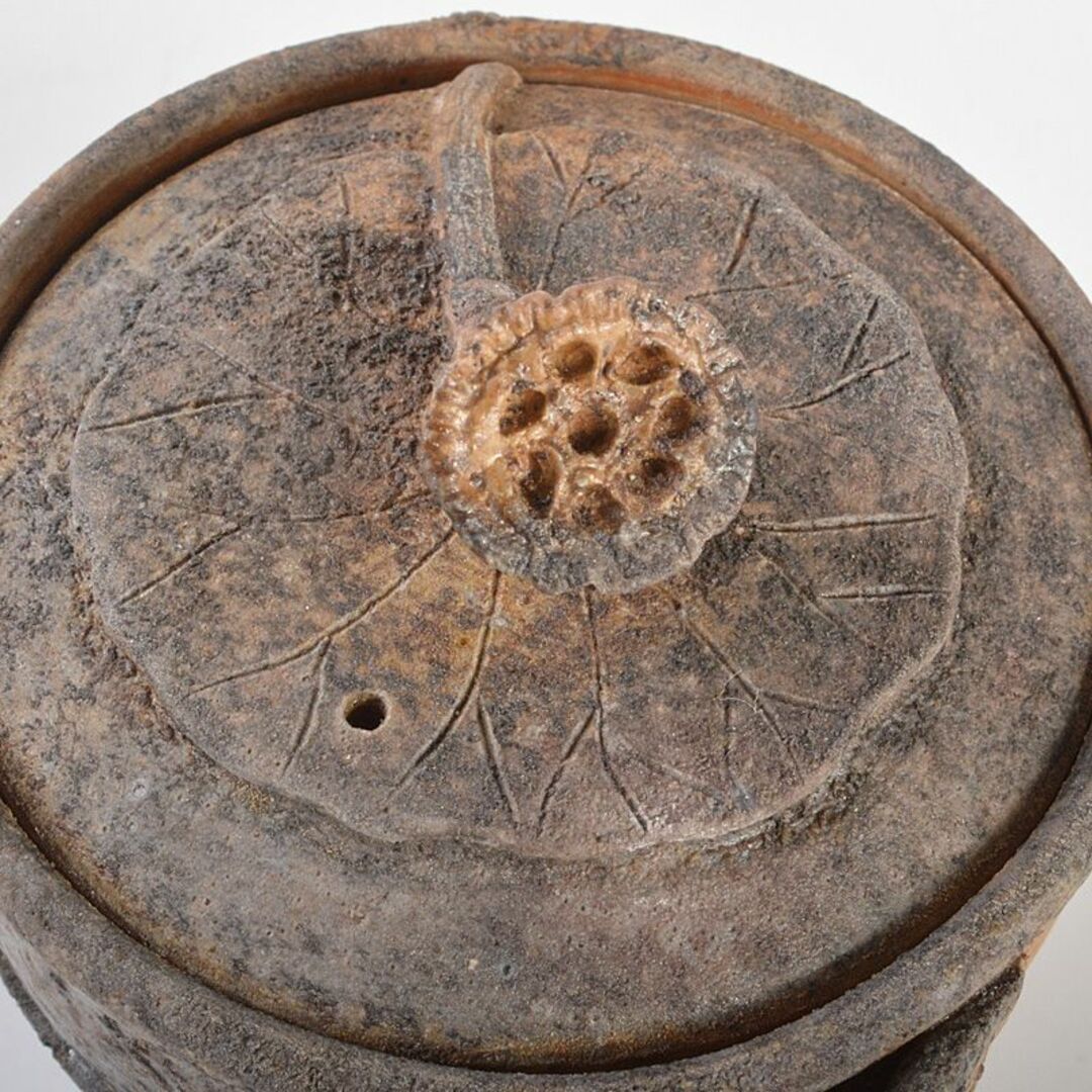煎茶道具 備前焼 明光窯 蓮根摘蓮葉 宝瓶 急須 共箱 D R6438