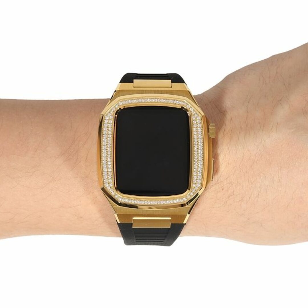 Apple Watch(アップルウォッチ)の高級ケースカバー 着せ替え S4/5/6/SE 【44mm】 CZダイヤ(キュービックジルコニア) ベゼル ラバーベルトゴールド メンズの時計(その他)の商品写真
