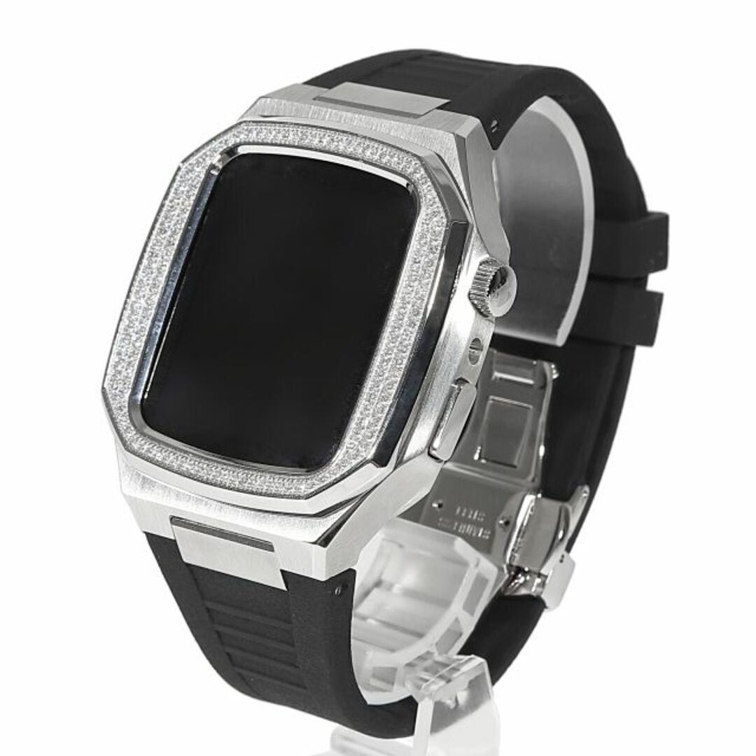 アップルウォッチ 高級ケース カバー SE対応 44mm Apple watch CZダイヤ（キュービックジルコニア）カスタムベゼル Rubberベルト シルバー S４/５/６/ＳＥ ラグジュアリーapbzlsetg