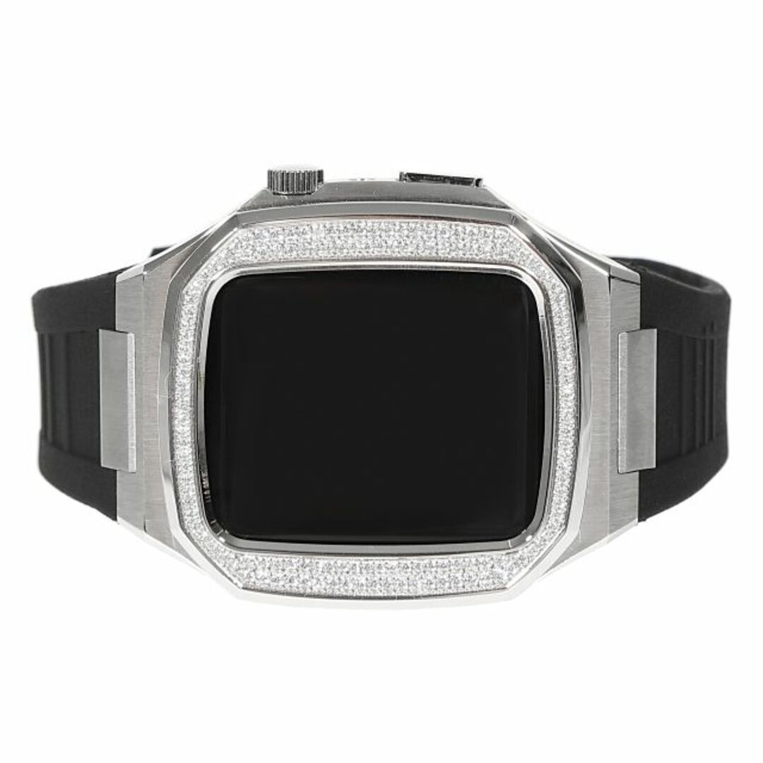 アップルウォッチ 高級ケース カバー SE対応 44mm Apple watch CZダイヤ（キュービックジルコニア）カスタムベゼル Rubberベルト シルバー S４/５/６/ＳＥ ラグジュアリーapbzlsetg