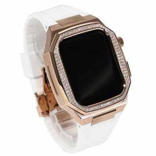 アップルウォッチ(Apple Watch)のアップルウォッチ シリーズ7/8/9【45mm】 高級ケース CZダイヤ（キュービックジルコニア）ベゼル ローズゴールド　ホワイト ラバーベルト(その他)