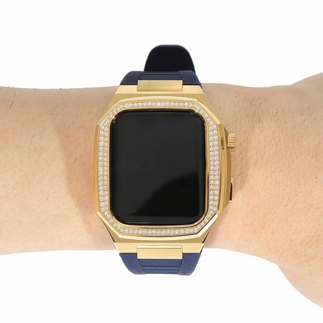 Apple Watch(アップルウォッチ)のアップルウォッチ SERIES7/8/9【45mm】 高級ケース CZダイヤ（キュービックジルコニア）ベゼル ネイビー ラバーベルト ゴールド Kronic ラグジュアリー ギフトボックス付  メンズの時計(その他)の商品写真
