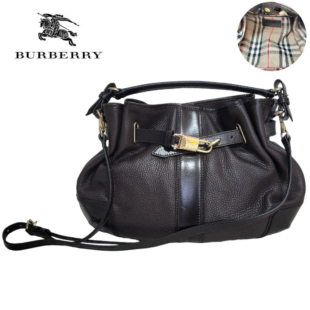 美品】BURBERRY バーバリー 仔牛革 ショルダーバッグ 裏ノバチェック柄-