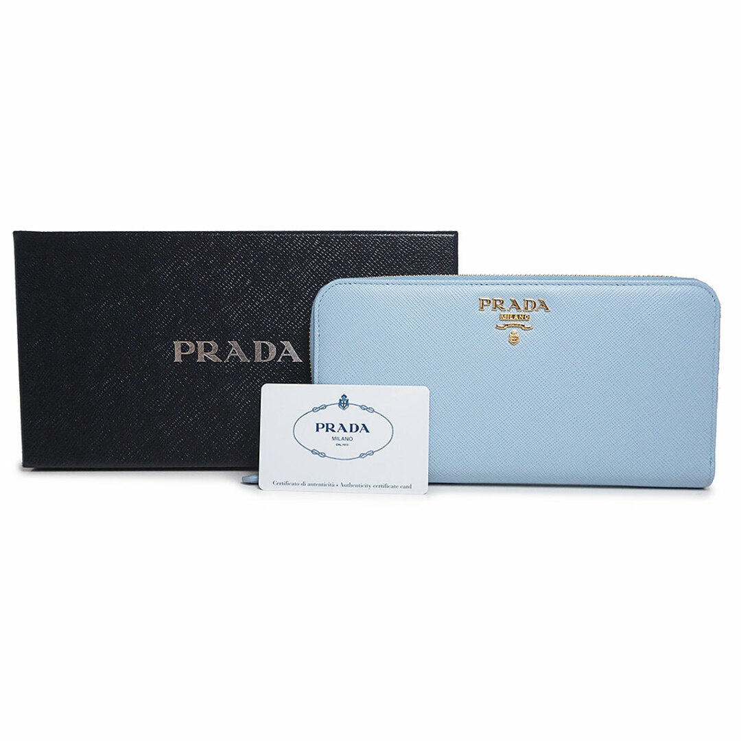 PRADA(プラダ)のプラダ ラウンドファスナー ジップ 長財布 サフィアノ サフィアーノ メタル カーフレザー セレステ ライトブルー 青 ゴールド金具 1ML506 箱付 PRADA（新品・未使用品） レディースのファッション小物(財布)の商品写真