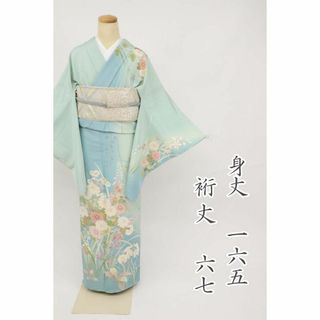 豪華◇逸品訪問着*金彩牡丹の花模様*水色千草鼠◇袷正絹着物◇HA12-6