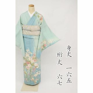 訪問着＊袷着物 金彩 刺繍花模様 略礼装 淡緑色 正絹 祝事や式典に＊7HG18-