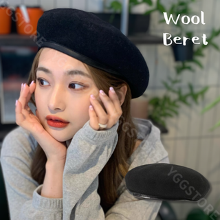 ベレー帽 レディース 黒 パイピング ウール混合 合皮 秋冬 韓国 オシャレ(ハンチング/ベレー帽)