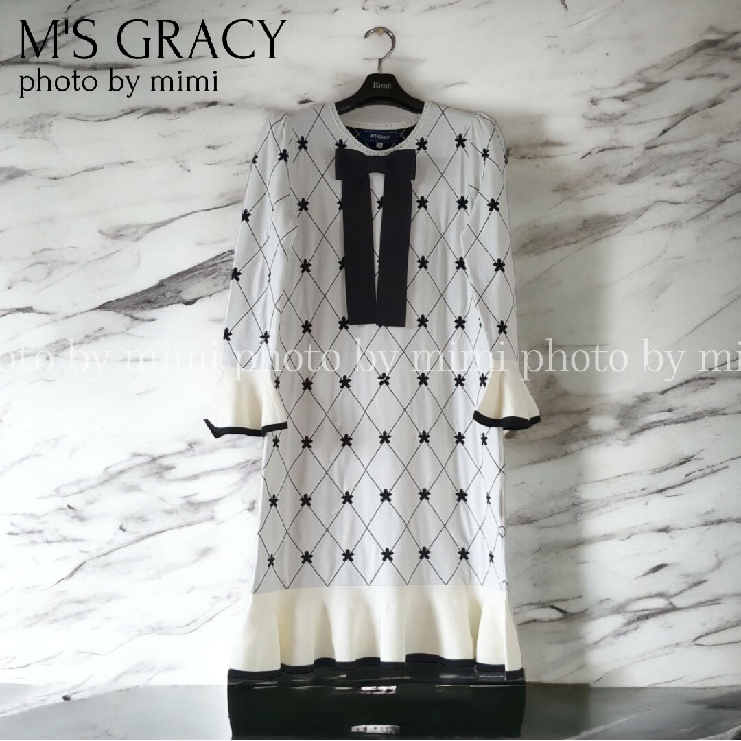 M'S GRACY(エムズグレイシー)のM'S GRACY*チェック×フラワーニットワンピース レディースのワンピース(ひざ丈ワンピース)の商品写真