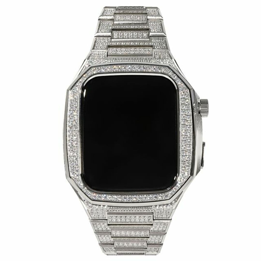 Apple Watch(アップルウォッチ)のアップルウォッチ 全面フルCZダイヤ（キュービックジルコニア）ステンレススチール 高級ケース Series4/5/6/SE【44mm】対応 ホワイトゴールド シルバー メンズの時計(その他)の商品写真