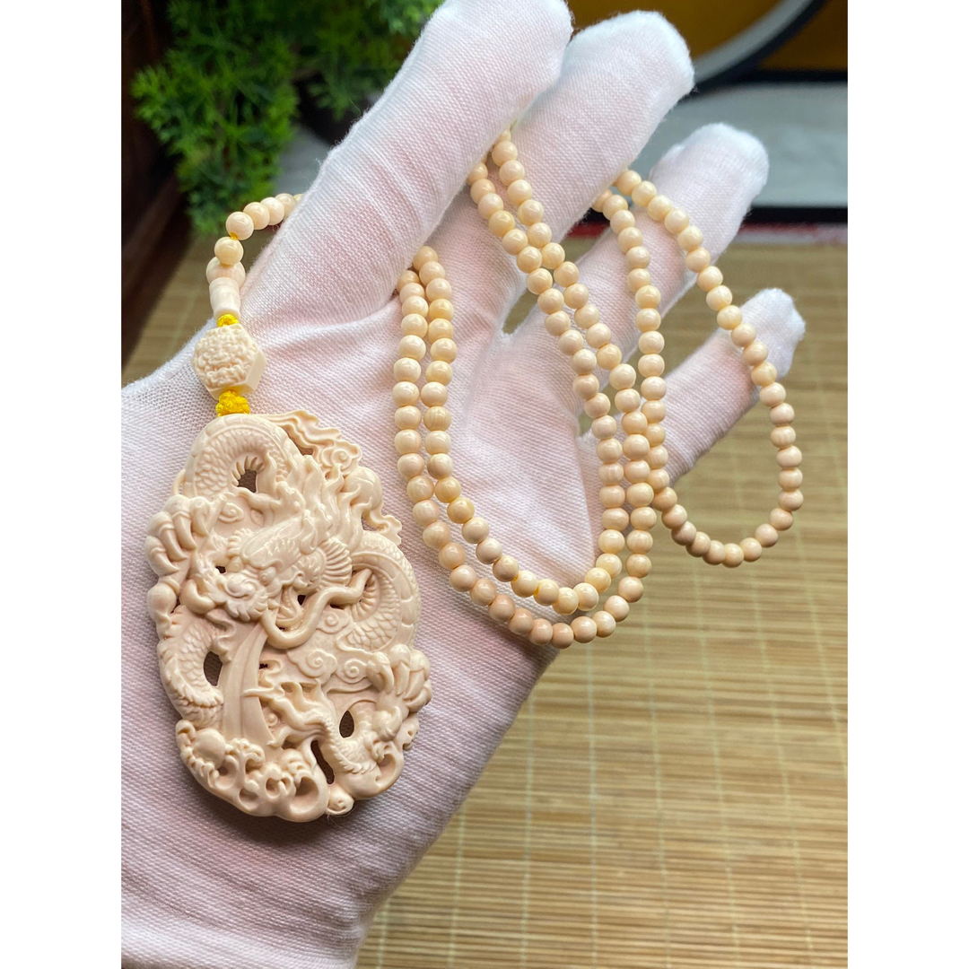 天然マンモス牙精巧な手作り彫刻龍札 ネックレス-