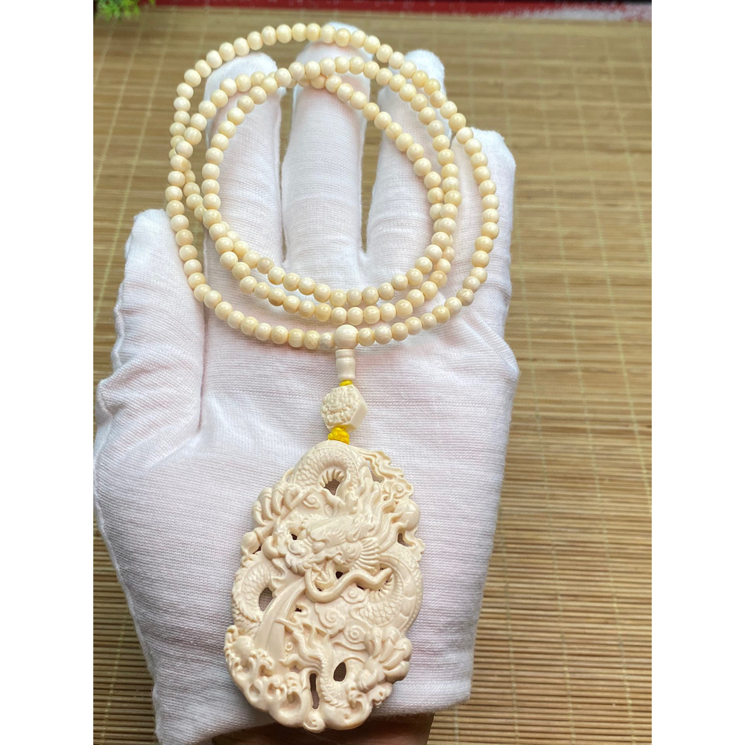 天然マンモス牙精巧な手作り彫刻龍札 ネックレス-