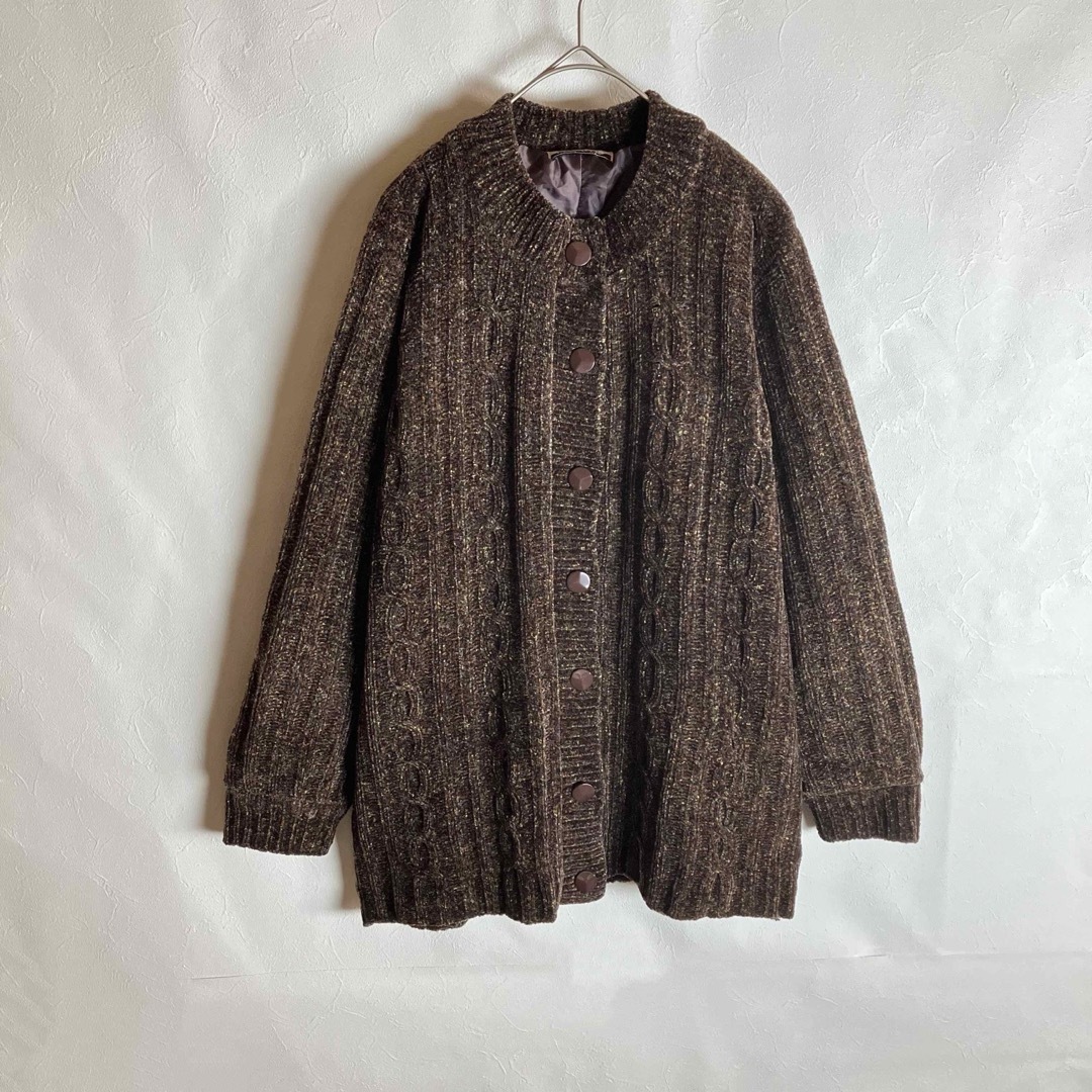 90s 古着 コーデュロイニット カーディガン アラン模様 裏地付き 茶 肉厚