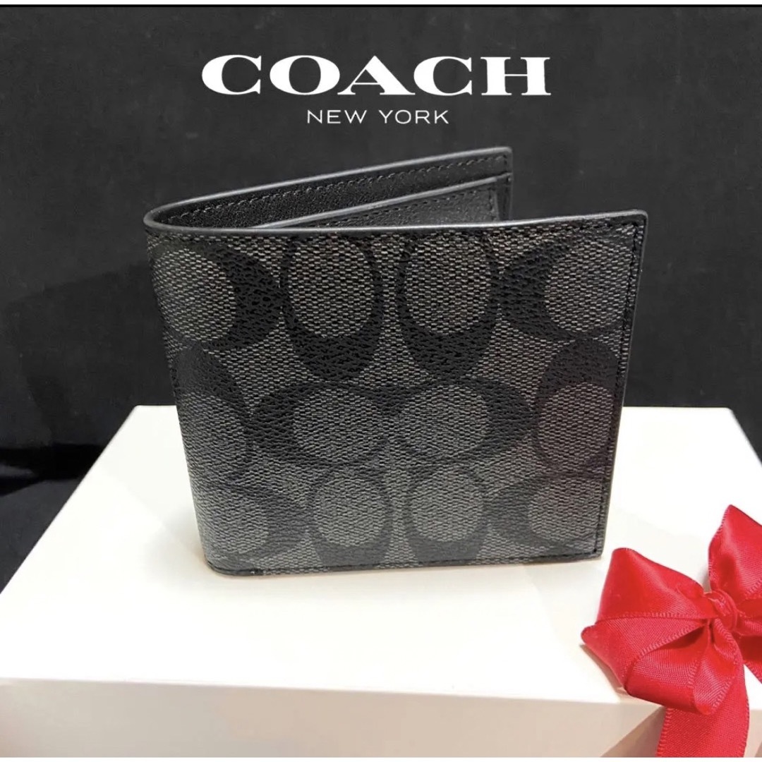 新品未使用 COACH 黒  折り財布 2つ折り メンズ レディースシグネチャー