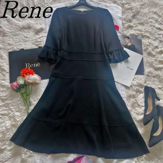 ルネ(René)の【良品】Rene ロングワンピース ブラック フレア 36 七分袖(ロングワンピース/マキシワンピース)