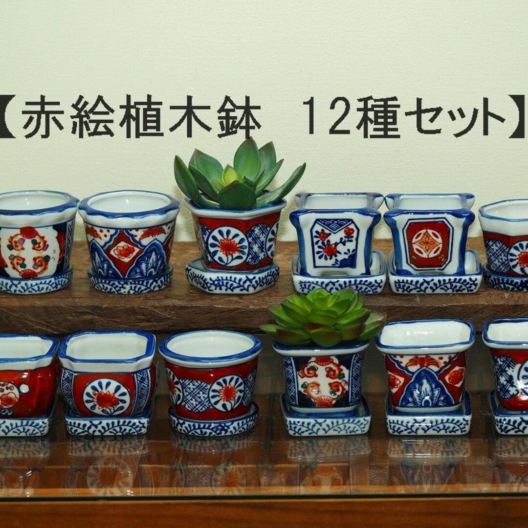 陶器植木鉢　赤絵　十二柄 12個セット　 穴有り 皿付 多肉植物　ミニ盆栽