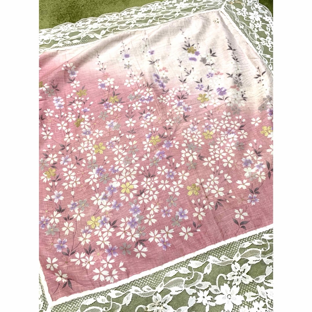 ヴィンテージ 和柄 花柄スカーフ 撫子 ナデシコ 桜 さくら ピンク レース レディースのファッション小物(バンダナ/スカーフ)の商品写真