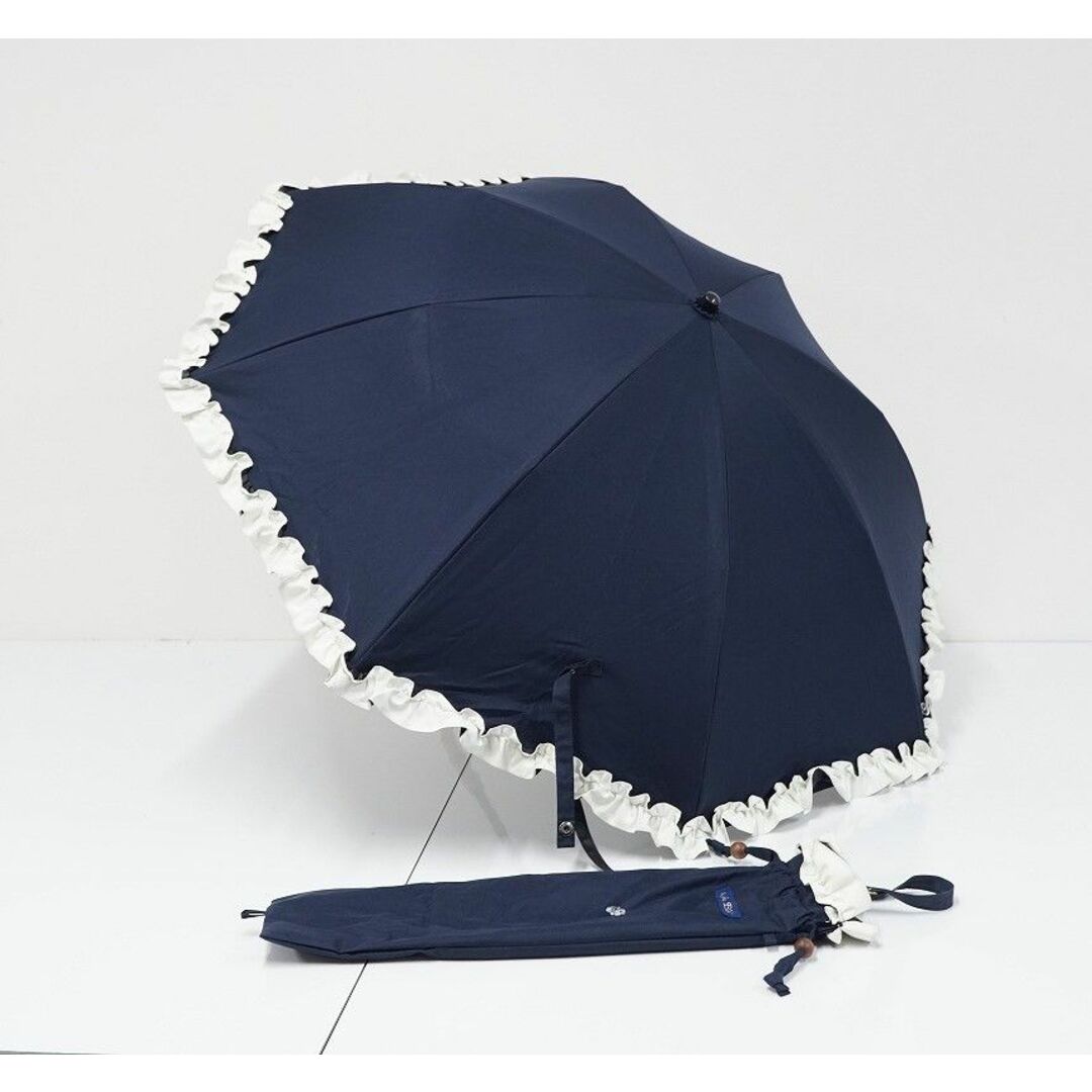 日傘 芦屋ロサブラン 完全遮光折日傘 USED美品 2段折 フリル ネイビー UV 遮熱 折りたたみ傘 50cm C FS8329
