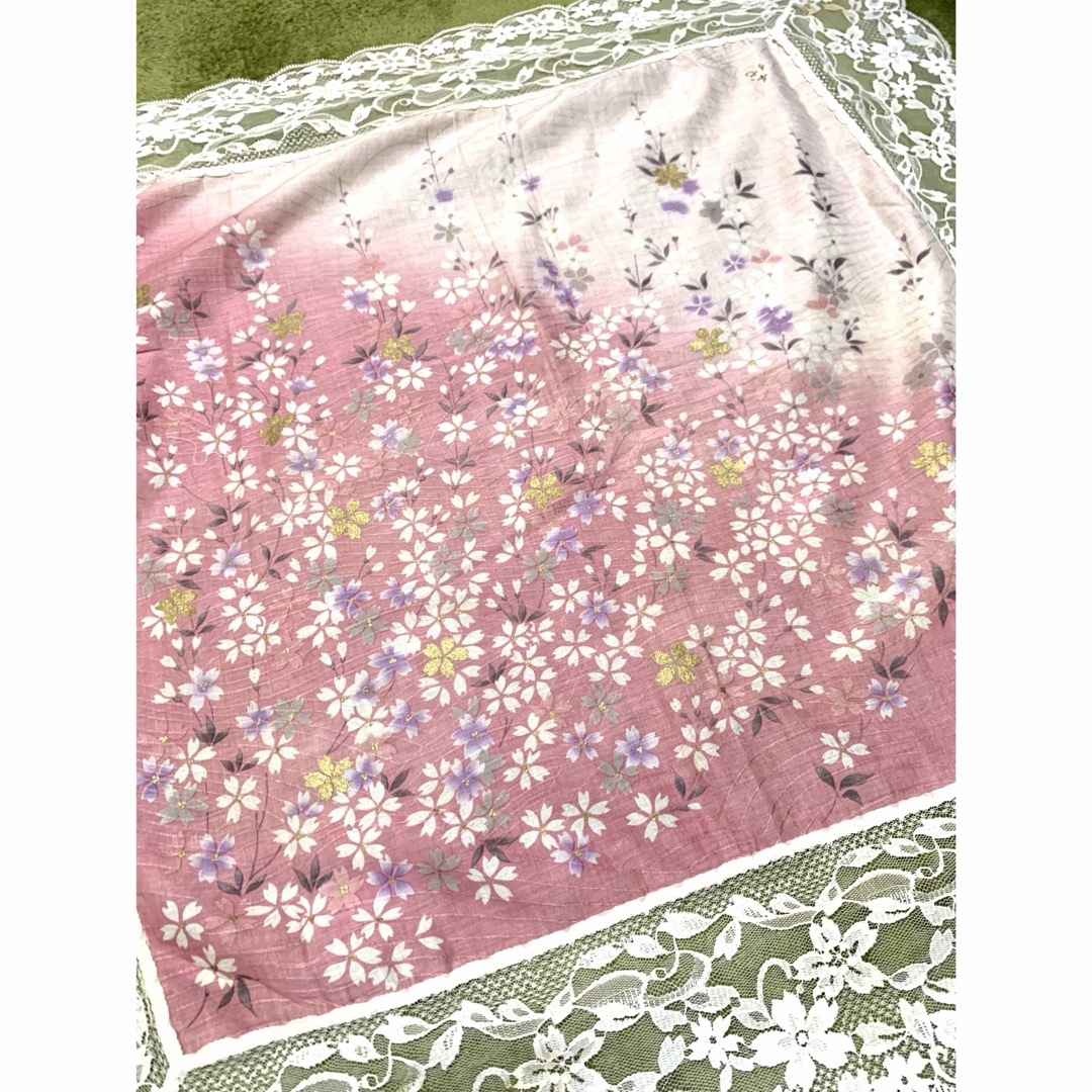 ヴィンテージ 和柄 花柄スカーフ 撫子 ナデシコ 桜 さくら ピンク レースレース