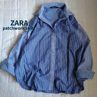 ザラ(ZARA)のザラ ZARA チェック×ストライプ パッチワーク オーバーサイズシャツ(シャツ/ブラウス(長袖/七分))