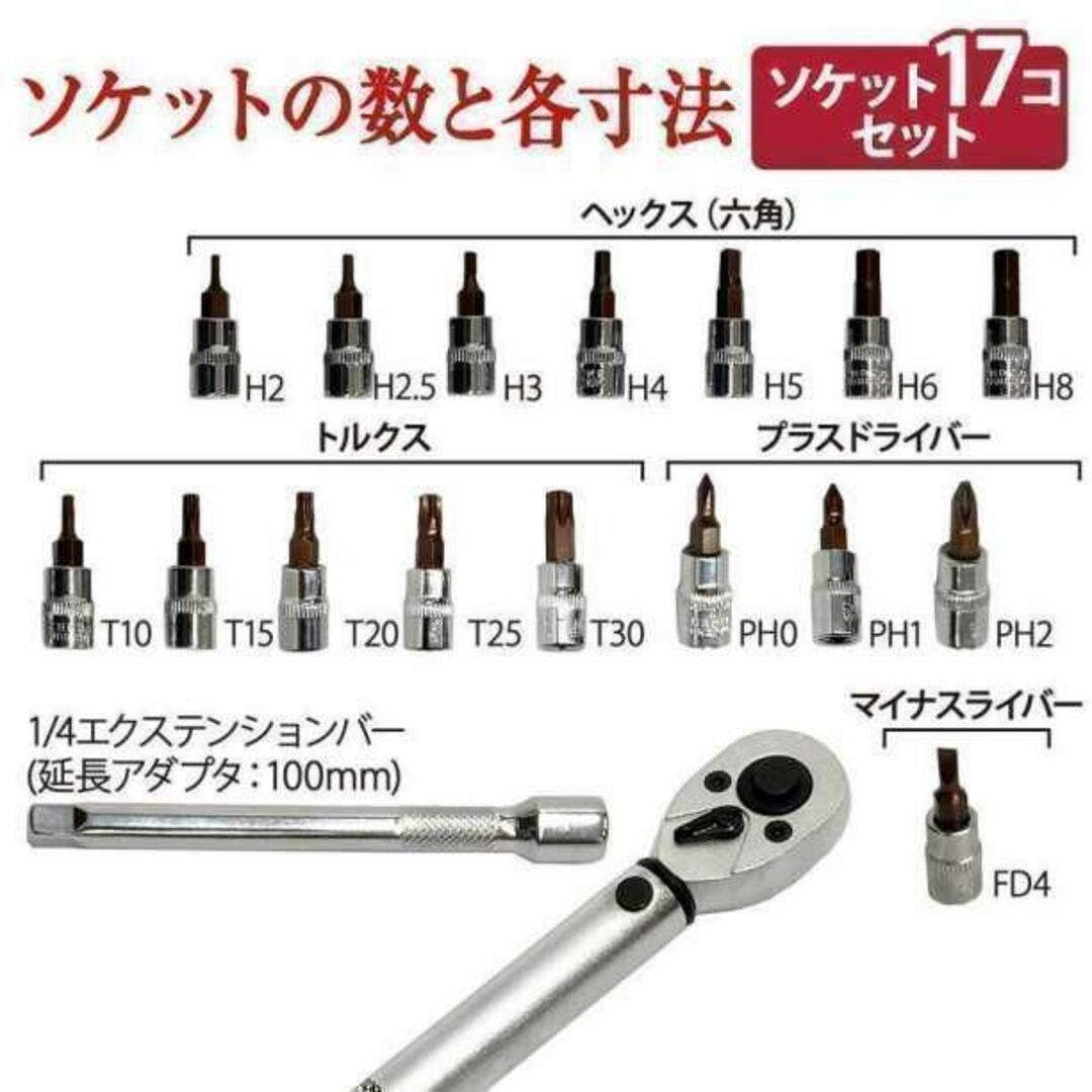 1610★新品 トルクレンチ 17点セット 交換ソケット付 メンテナンス 整備