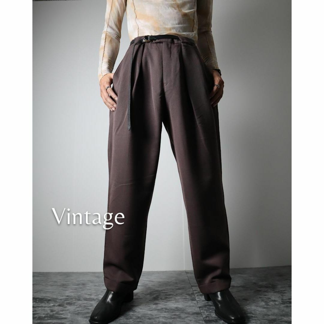 ART VINTAGE(アートヴィンテージ)の【vintage】プリーツ デザイン ワイド スラックス 光沢 小豆色 W35 メンズのパンツ(スラックス)の商品写真