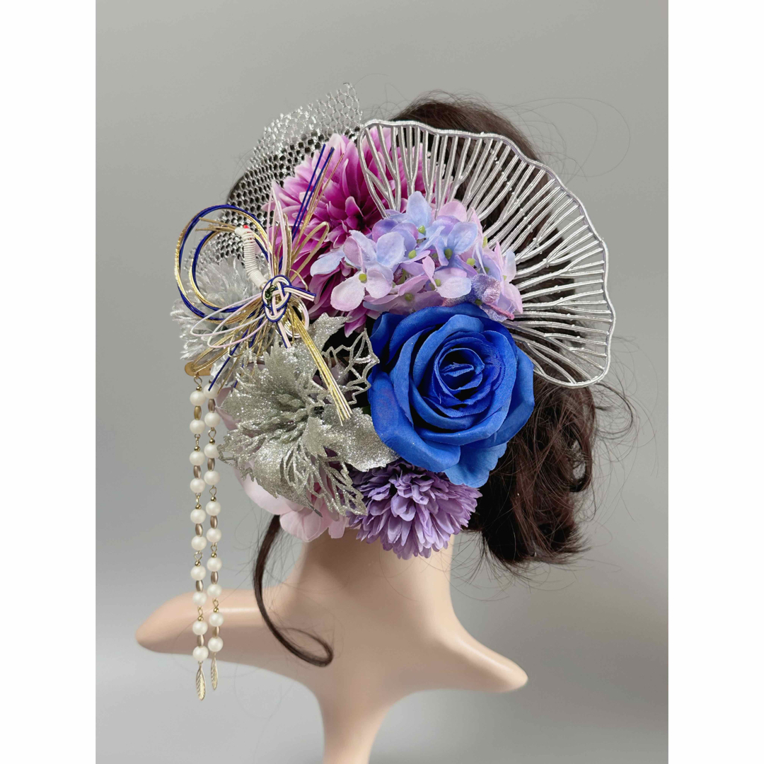【豪華】髪飾り　簪　成人式　卒業式　結婚式　シルバー　紫　青　チュール レディースのヘアアクセサリー(ヘアピン)の商品写真