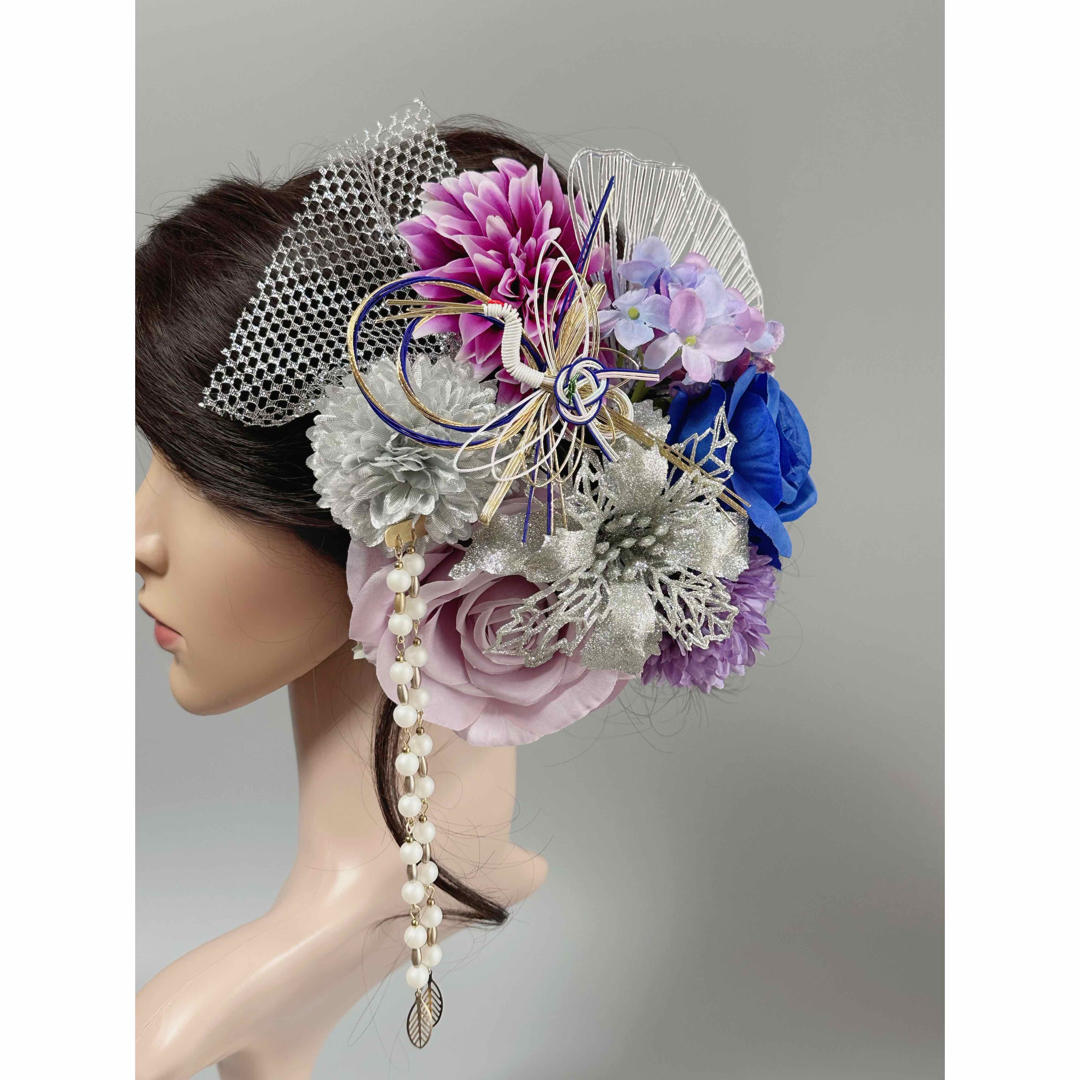 【豪華】髪飾り　簪　成人式　卒業式　結婚式　シルバー　紫　青　チュール レディースのヘアアクセサリー(ヘアピン)の商品写真