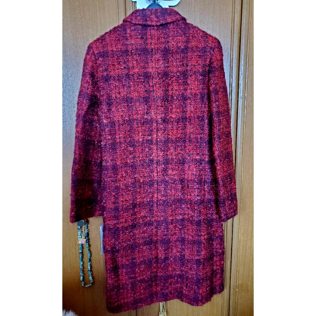 新品　モヘア　ウール　コート　11号　Lサイズ　赤ワイン色　チェック レディースのジャケット/アウター(ロングコート)の商品写真