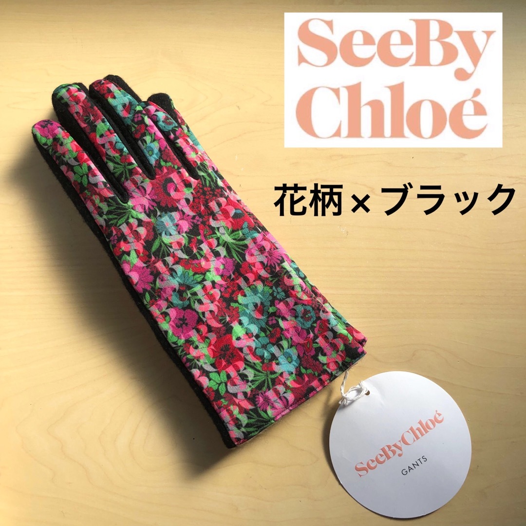 SEE BY CHLOE(シーバイクロエ)の★新品★シーバイクロエ　手袋　花柄×ブラック　裏地カシミヤ・ウール　レッド レディースのファッション小物(手袋)の商品写真