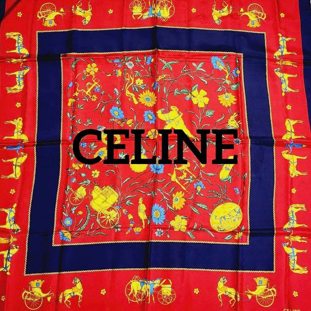 ★CELINE★ スカーフ 大判 馬車 花 人 シルク レッド ネイビー