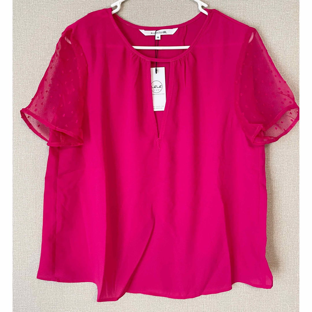 レディース トップス ブラウス フリル ピンク 水玉 おしゃれ 通勤 Mサイズ レディースのトップス(シャツ/ブラウス(半袖/袖なし))の商品写真
