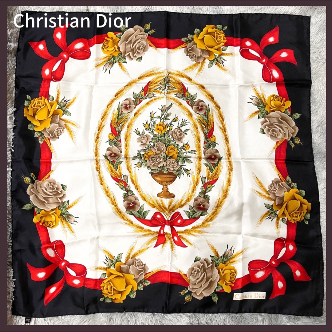 Christian Dior(クリスチャンディオール)のChristian Dior ディオール スカーフ スクエア リボン 花柄  レディースのファッション小物(バンダナ/スカーフ)の商品写真
