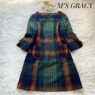 美品！M'S GRACY ウールワンピース　カメリアフロントジップ　ストライプ