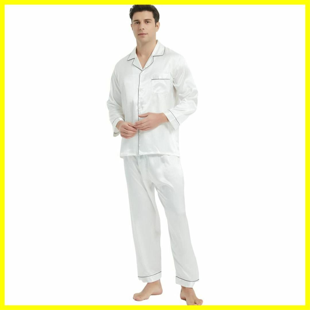 【色:ホワイト_サイズ:XL】メンズ パジャマ シルク サテン 上下セット ルー