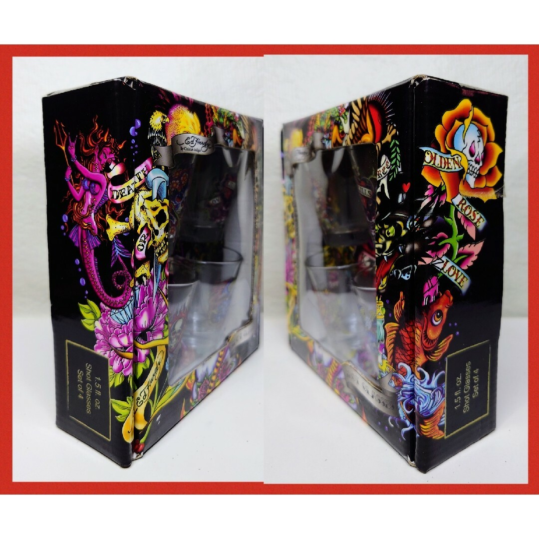 Ed Hardy(エドハーディー)のショットグラス★４点セット★エドハーディー★店舗★BAR★CAFE★グラス★レア インテリア/住まい/日用品のキッチン/食器(グラス/カップ)の商品写真