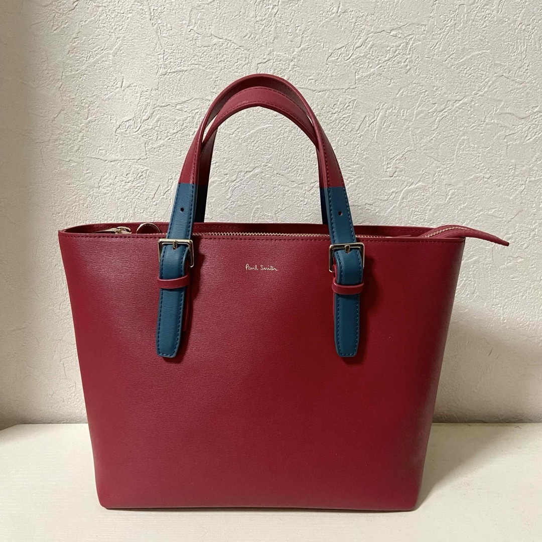 「美品」ポールスミス プリントストライプ ハンドバッグ 2way レザー レッド | フリマアプリ ラクマ
