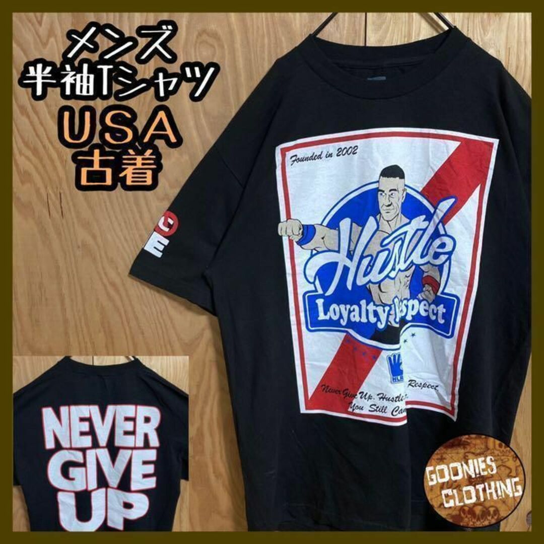 メンズ ハッスル 筋トレ ネバーギブアップ USA Tシャツ 半袖 黒 L